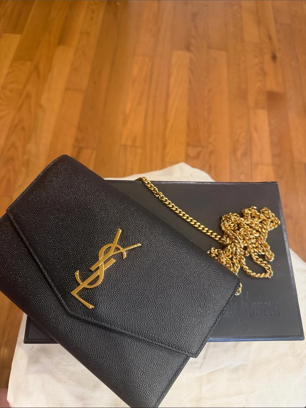 YSL Yves Saint Laurent Black Grain Leather Wallet-on-Chain with Gold Logo